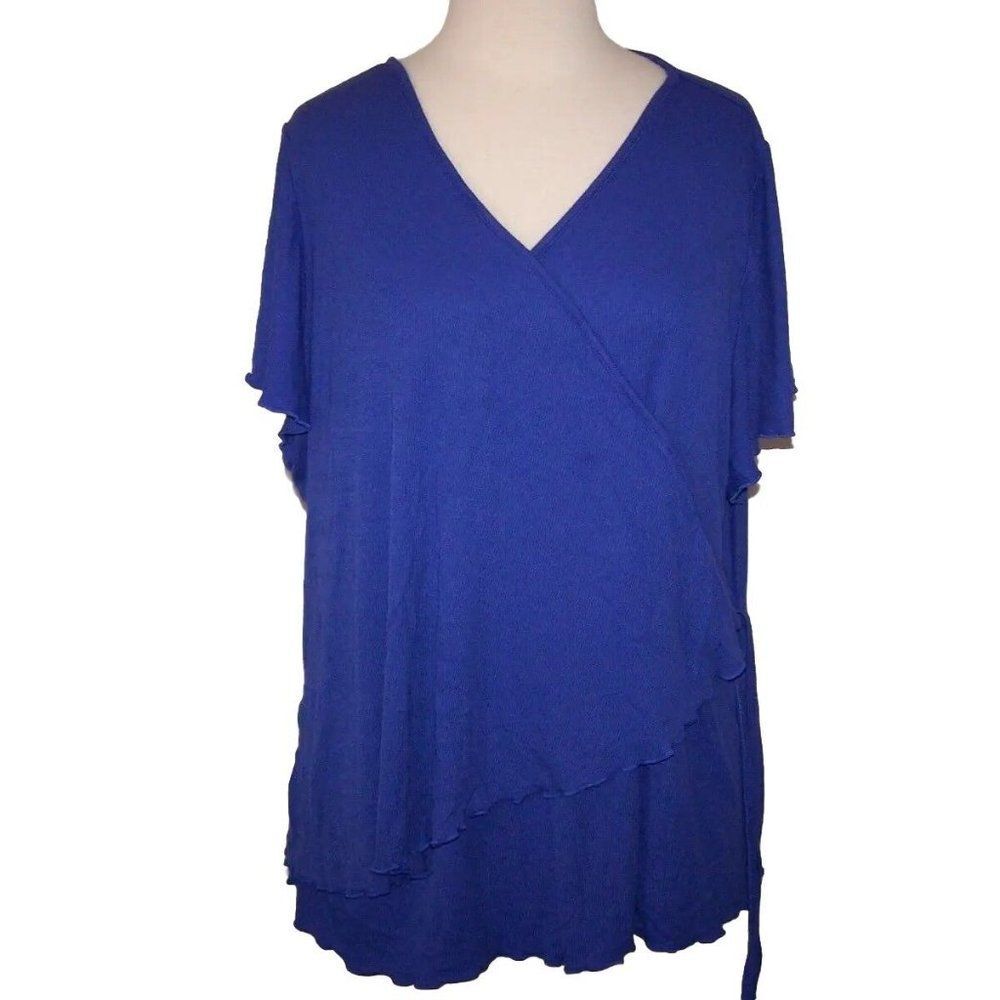 Lane Bryant Wrap Shirt Top Womens 26 28 Short Flutter Sleeves Stretch Soft Blue